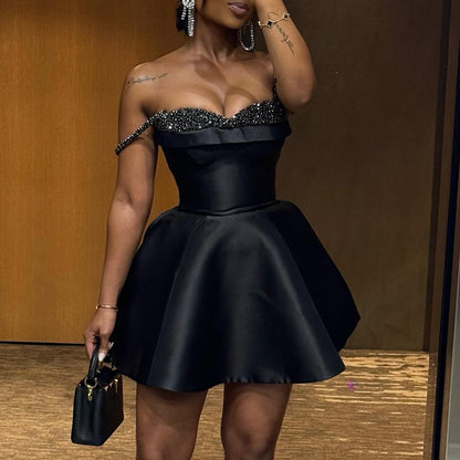 Women Clothing Autumn Elegant Sequin Stitching Bandeau Sling Dress Short Dress - Wanita Store
