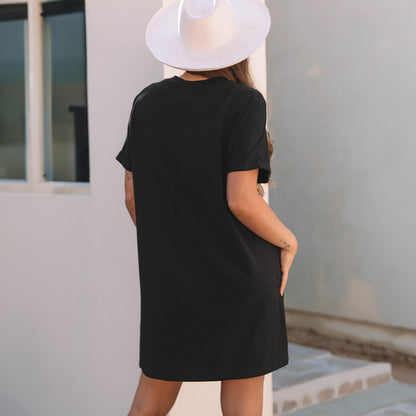 Loose Casual Letters Printed Short Summer round Neck Short Sleeve Dress - Wanita Store