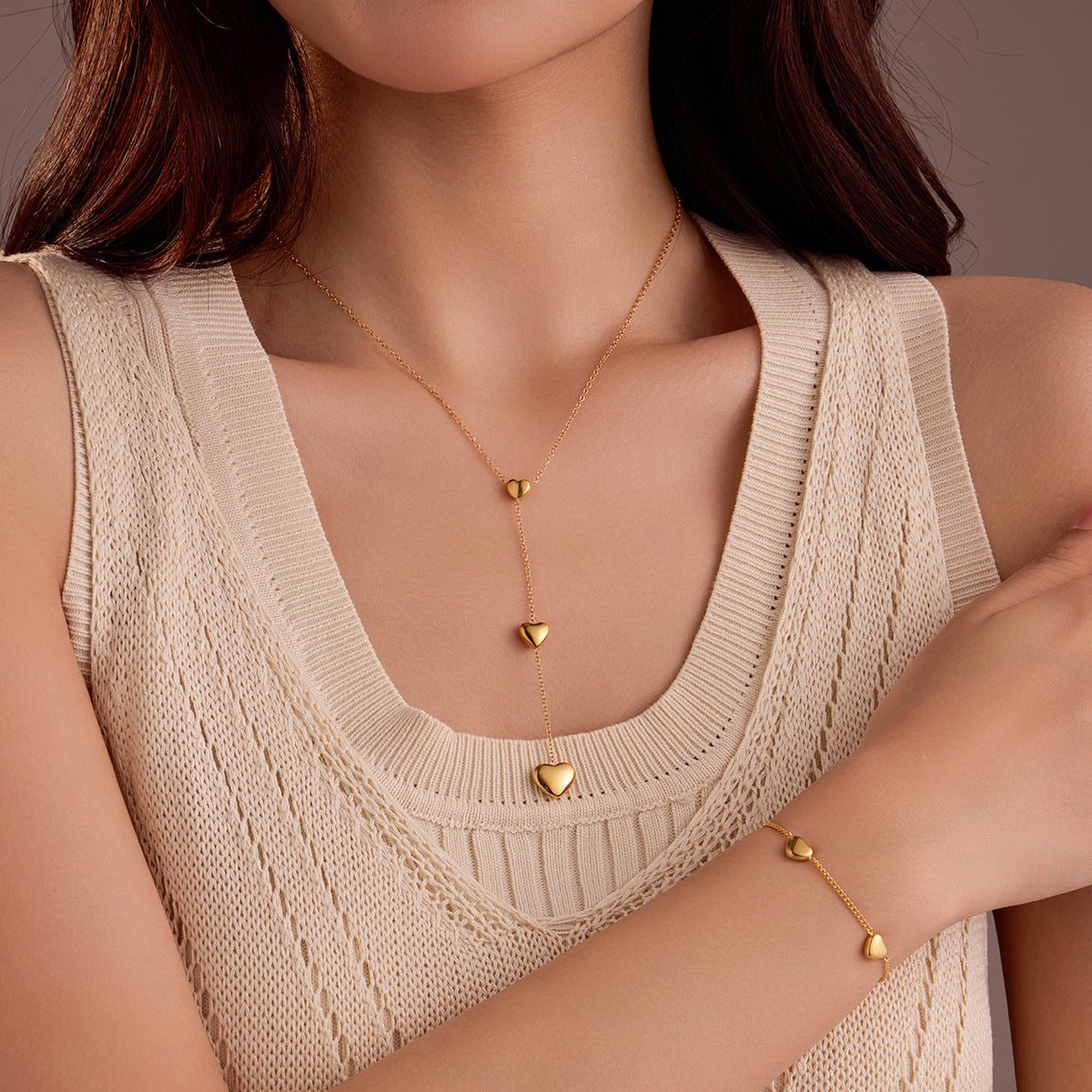 18K Gold Stainless Steel Heart Tassel Necklace Bracelet Titanium Steel Ornament - Wanita Store
