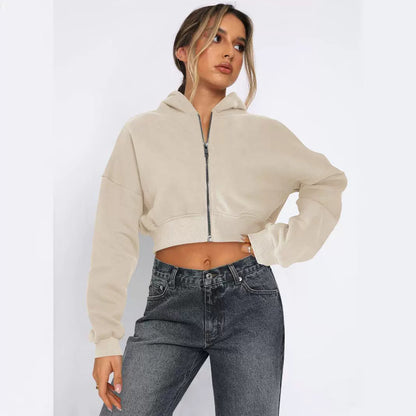 Street Long Sleeved Top Fleece Zipper Cardigan Hoodie Casual Coat for Women - Wanita Store