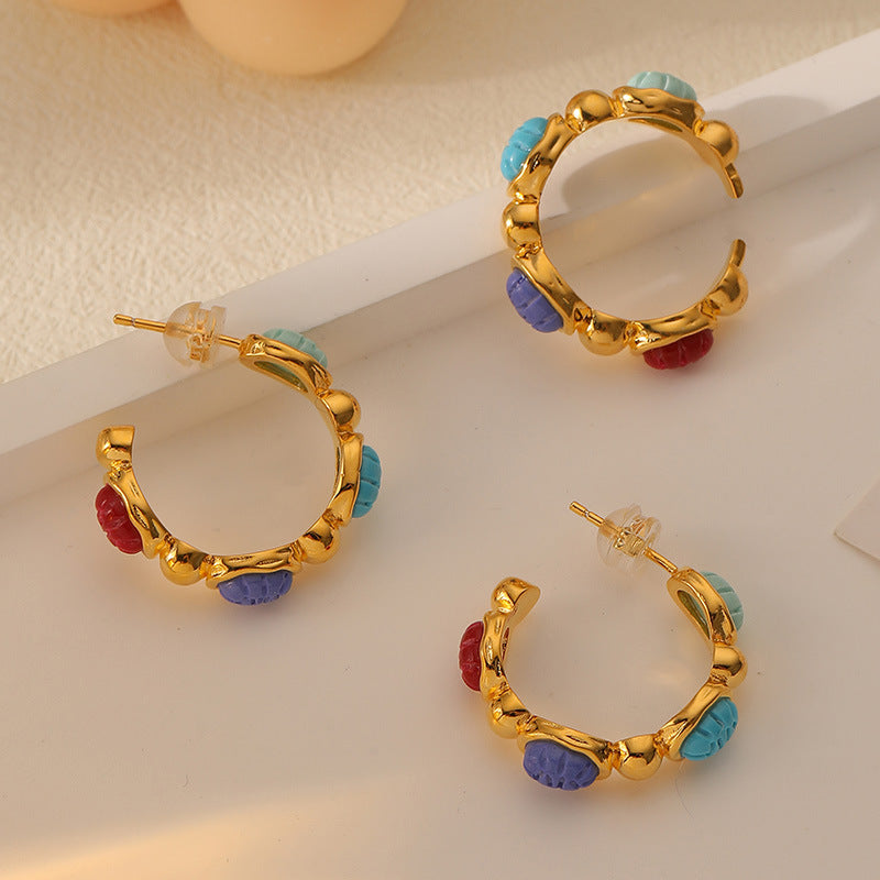 Color Gem C Shaped Earrings Ear Ring Affordable Luxury Niche High Sense Retro Silver Pin Earrings - Wanita Store