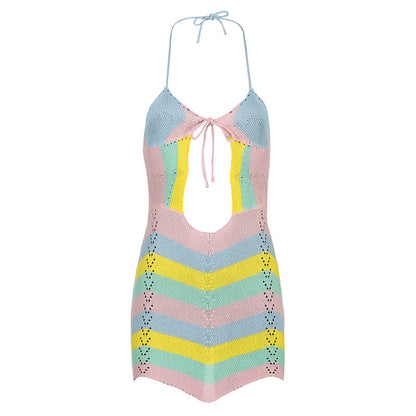 Wave Striped Contrast Color Product Mother Halter Straps Backless Chest Hollow Out Cutout Sexy Woolen Short Dress Women - Wanita Store