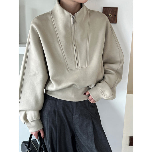Half Zipper Sweatshirt Women High Grade Spring Korean Casual Sports High Waist Top