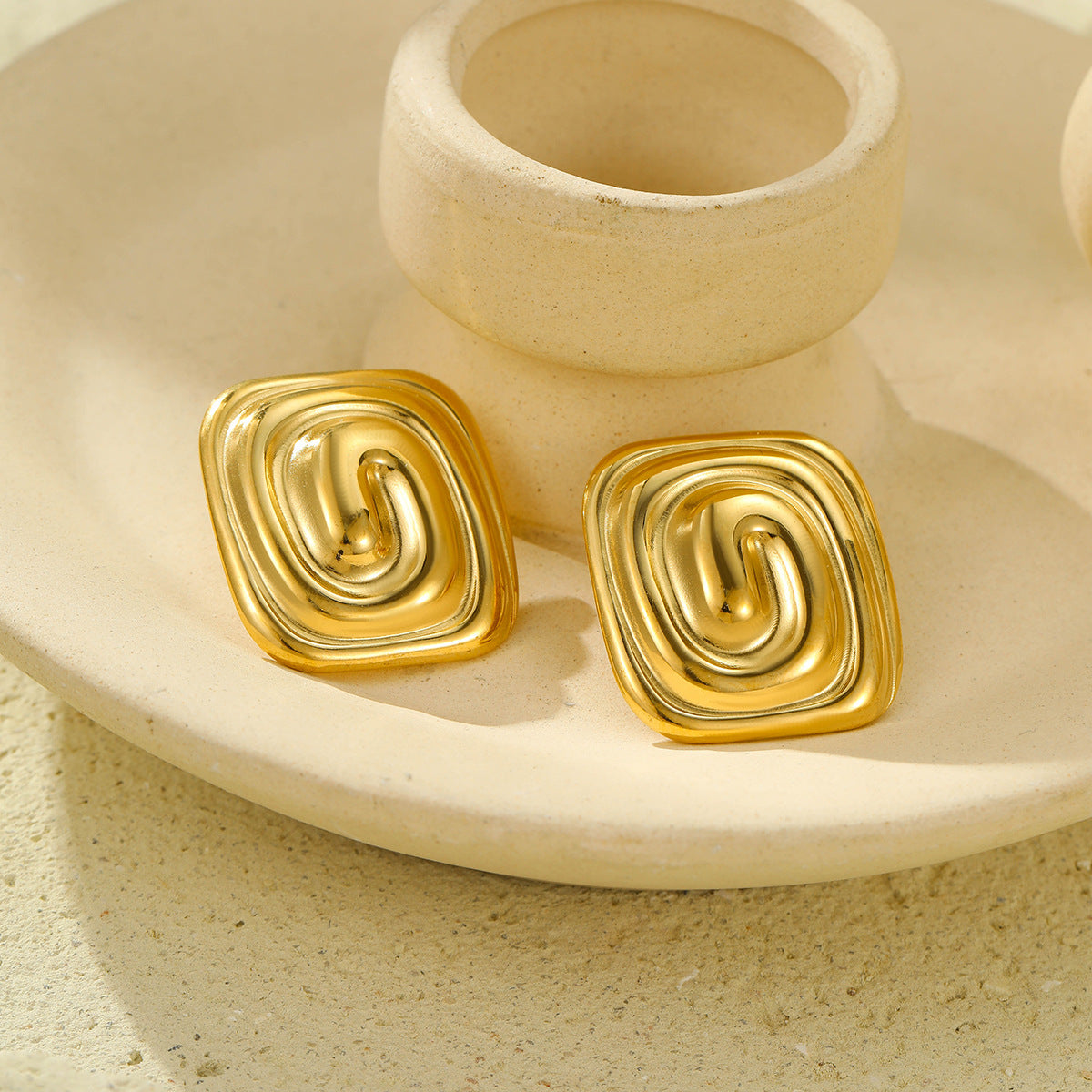 Gold Stainless Steel Rectangular Spiral Texture Titanium Steel Earrings Non Fading Stainless Steel Studs Women - Wanita Store