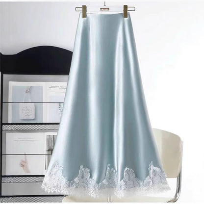 Western Lace Stitching Silk Skirt Spring Draping Glossy A line Midi Skirt Women - Wanita Store