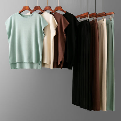 Casual Women Summer Solid Color Sleeveless Vest Sweater Wide Leg Pants Ice Silk Sets - Wanita Store