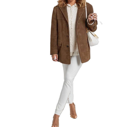 Autumn Women Clothing Elegance Retro Brown Loose Pockets Long Sleeve Blazer Women - Wanita Store