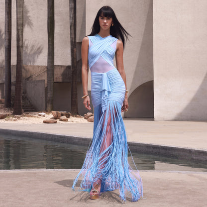 Ropa de mujer sexy de color sólido, vestido cruzado fruncido de malla transparente con tirantes, para vacaciones