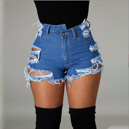 Jeans Women Summer Trendy High Waist Ripped Fringe Shorts - Wanita Store