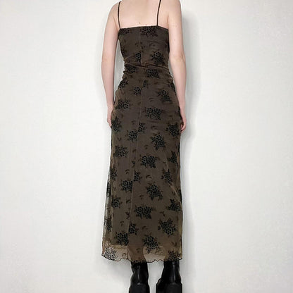 French Retro Elegant Adult Lady Woman Floral Print Maxi Dress Mesh Wooden Ear Off Neck Slim Strap Long One Step Dress - Wanita Store
