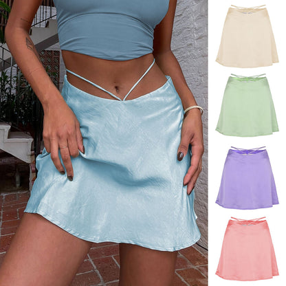 Solid Color Sexy Satin Skirt cropped Lace-up Zip Skirt Women Clothing - Wanita Store