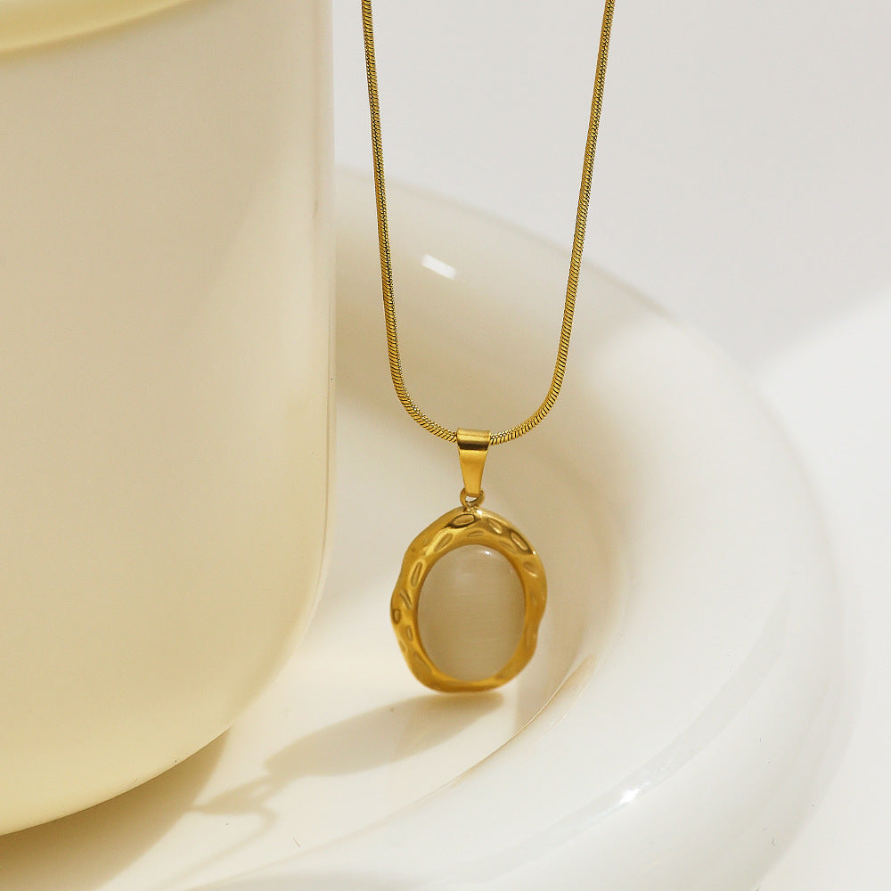 Sweater Chain High Grade Clavicle Chain Retro Cymophanite Oval Embellished Titanium Steel Necklace Accessories - Wanita Store