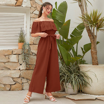 Women Clothing Summer Casual off Shoulder Ruffle Sleeve Lace up Cropped Wide Leg Pants - Wanita Store