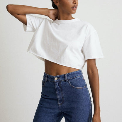 Sexy Short Sleeved T shirt Women Summer Pure Cotton Solid Color Short Cropped round Neck Sports Top - Wanita Store