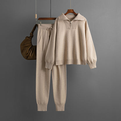 Polo Collar Sweater Suit Women Autumn Winter Women Clothing Loose Casual Knitted Two Piece - Wanita Store