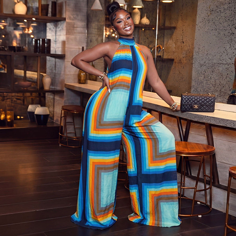 Women Wear Summer Cool Color Matching Printed Jumpsuit Turtleneck Sleeveless Loose Long Jumpsuit