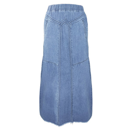 Women pring Summer Denim A Skirt Binding Tape Brushed Elastic High Waist Simple All Match Long Skirt - Wanita Store
