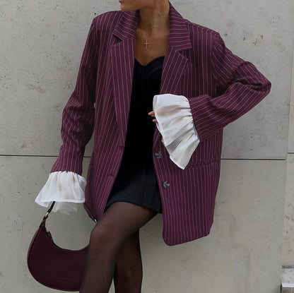 Spring Autumn Elegant Striped Blazer Women Design Lace Bell Sleeve Loose Casual - Wanita Store