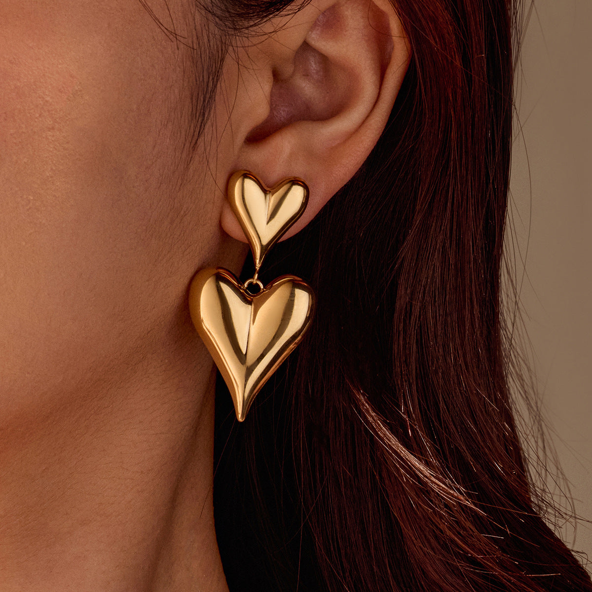 Cool Stainless Steel Hollow Out Cutout Heart Shaped Tassel Earrings 18K Gold Texture Titanium Steel Earrings Ornament - Wanita Store