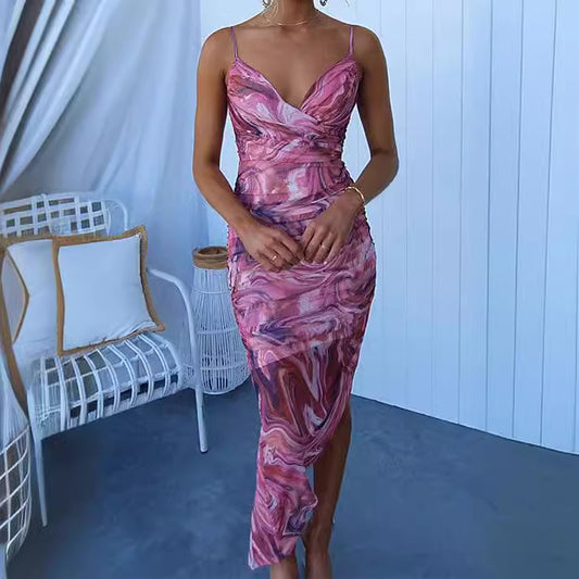 Spring Summer Suspender Printed Dress Casual Holiday Party Women Clothing Dress