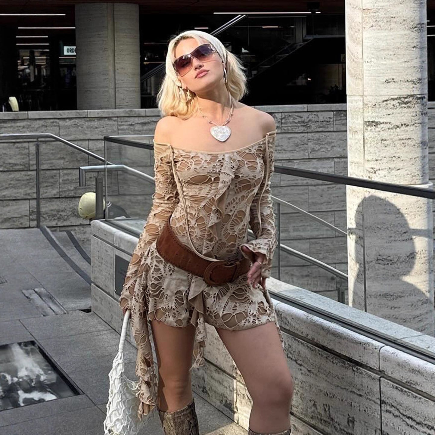 Retro Waste Soil Sexy Ripped Fabric Bell Sleeve off Shoulder Irregular Asymmetric Dress