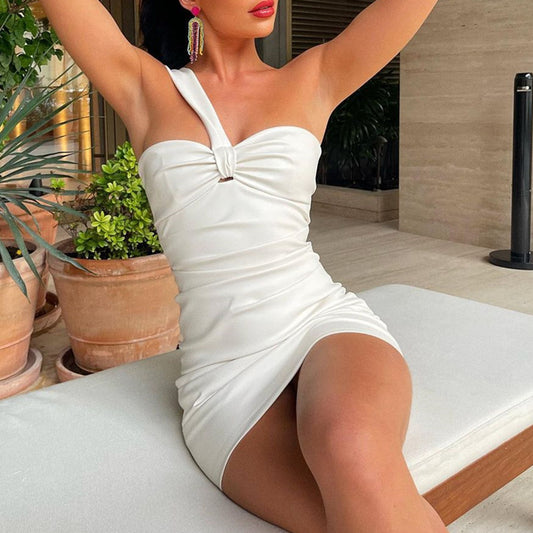 Women Clothing Summer Women Clothing Sexy Oblique Shoulder Tube Top Cinched Waist Hip Bag Dress Women
