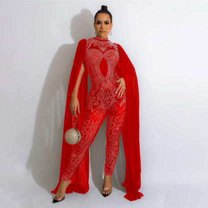 Autumn Winter Women Clothing Sexy Mesh Rhinestone See through Nightclub Jumpsuit Women - Wanita Store
