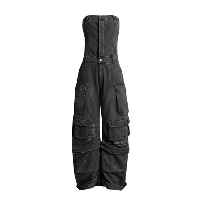 Summer Multi Pocket Ripped Waist Slimming Sexy Tube Top Tooling Denim Jumpsuit Women - Wanita Store