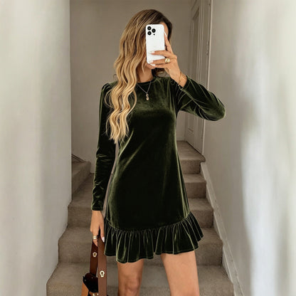 Vestido de terciopelo de mujer con cuello redondo, manga larga, cintura entallada y dobladillo con volantes