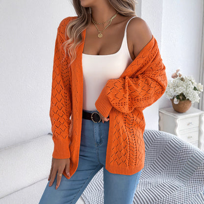 Autumn Winter Hollow Out Cutout out Lantern Long Sleeve Cardigan Sweater Mid Length Coat Women Clothing - Wanita Store