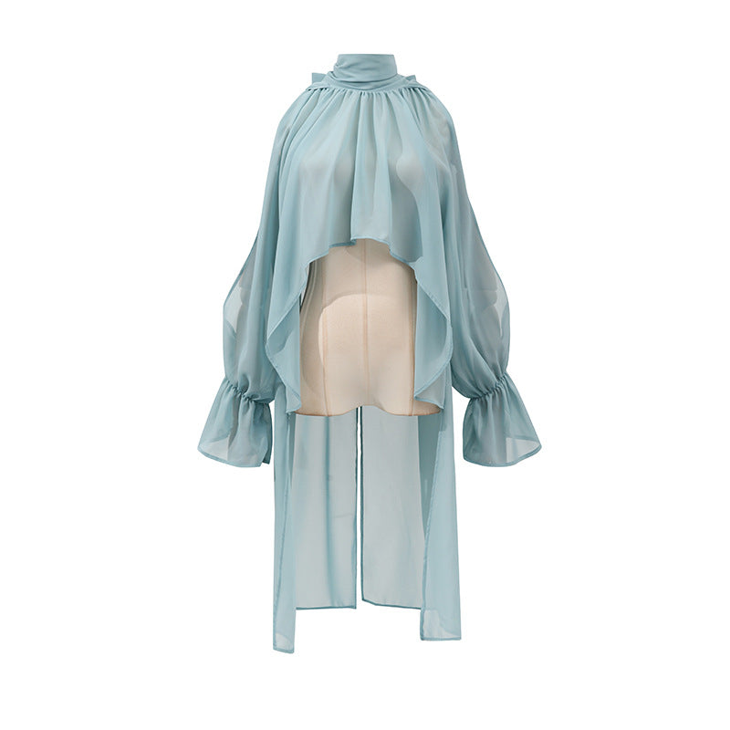 Autumn Tops Women Sweet Fresh Korean Casual Irregular Asymmetric Stand Collar Loose Solid Color Halter Shirt - Wanita Store