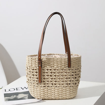 Straw Woven Bag Women Hollow Out Cutout Handmade Straw Bag Woven Bag Shoulder Portable Straw Weaved Bag Seaside Vacation Beach Bag - Wanita Store