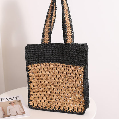 Color Matching Hollow Out Cutout out Crochet Shoulder Straw Bag Special Interest Design Hand Woven Bag Seaside Vacation Beach Bag - Wanita Store