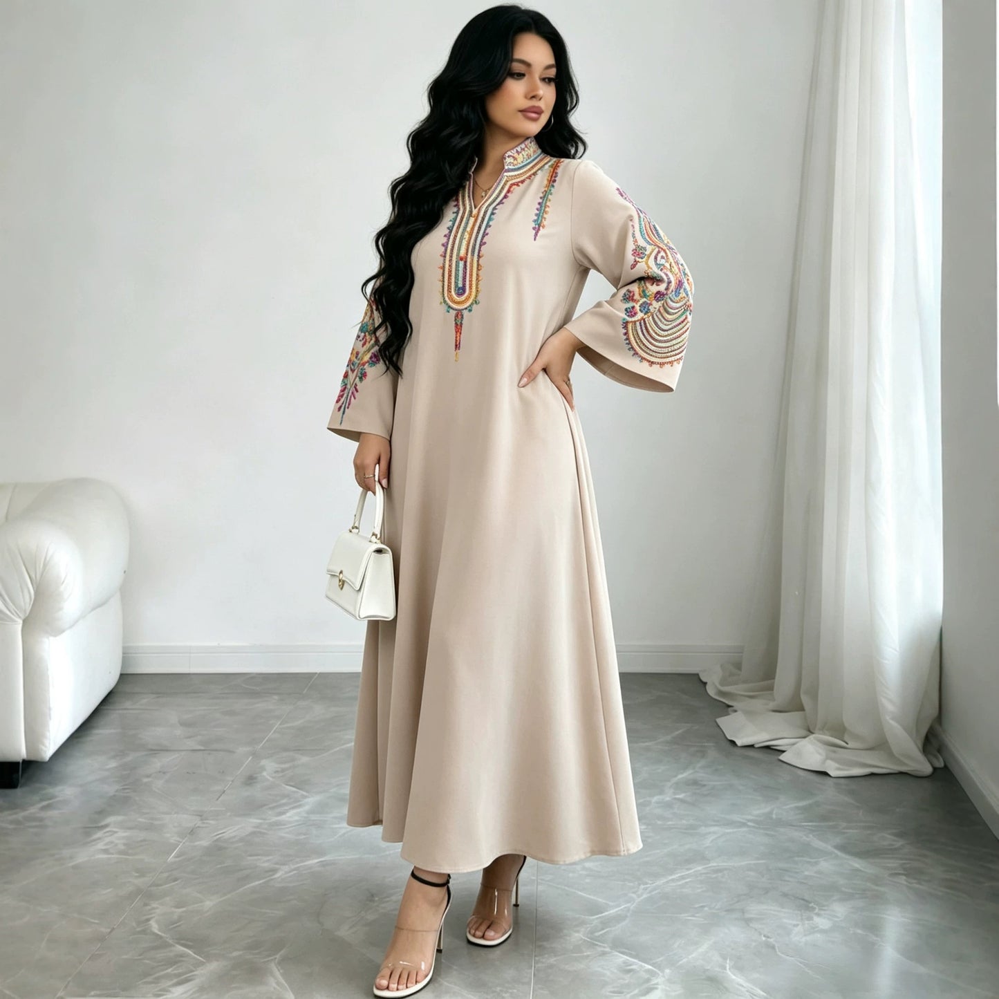 Ethnic Embroidered Pullover Dress Loose Robe Rope Embroidery Craft Women Clothing
