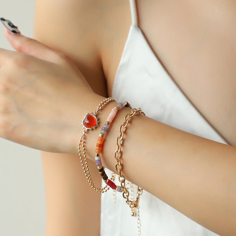 Original Elegant Heart Peach Semi Precious Stone Three Rows Twin Bracelet Necklace - Wanita Store