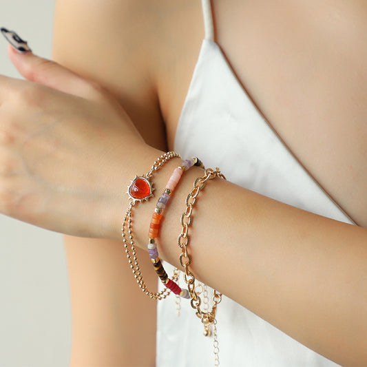 Original Elegant Heart Peach Semi Precious Stone Three Rows Twin Bracelet Necklace - Wanita Store