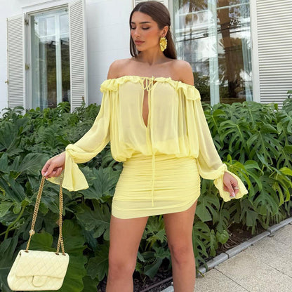 Fall Women Clothing Sexy off the Shoulder Hollow Out Cutout out Tied Solid Color Slim Hip Bag Dress - Wanita Store