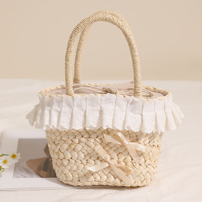 Cute Lace Portable Corn Husk Straw Bag Bow Woven Bag Vacation Beach Bag Hand Carrying Small Basket - Wanita Store