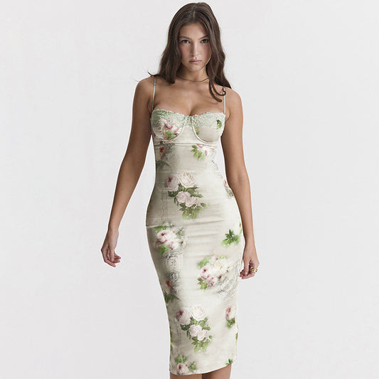 Summer Women Clothing Strap off-Neck Lace Stitching Printing Slim Dress for Women