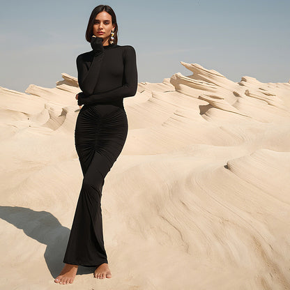 Women Clothing Autumn Solid Color Elegant Slim Slimming Pleated Turtleneck Long Sleeve Dress - Wanita Store
