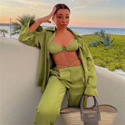 Sexy Women Wear Spring Summer Casual Vacation Three Piece Suit Satin Shirt Vest Straight Leg Pants Suit - Wanita Store