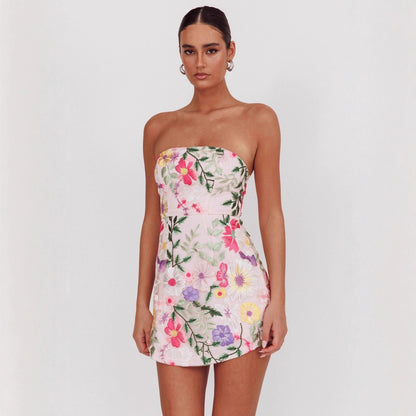 Women Slim Fit Bandeau Sling Short Niche Floral Dress - Wanita Store