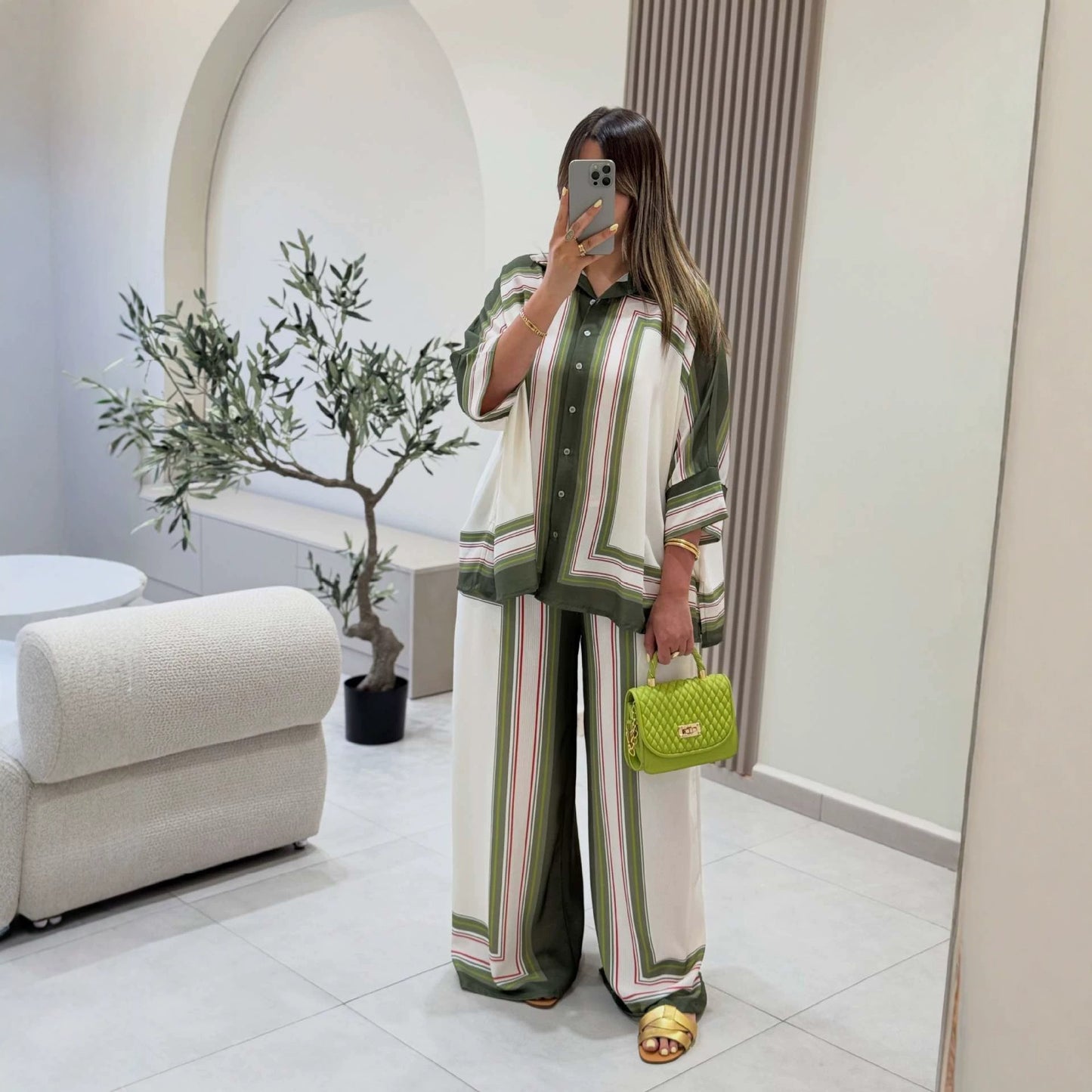 Women Clothing Positioning Printing Dyeing Loose Long Sleeved Shirt Casual Pants Two Piece Set