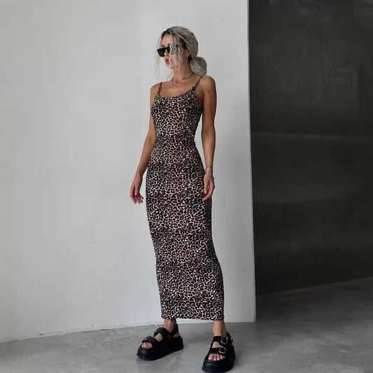 Women Clothing Sexy Sling Dress Tight Waist Sheath Dress Slimming Printed Dress Backless