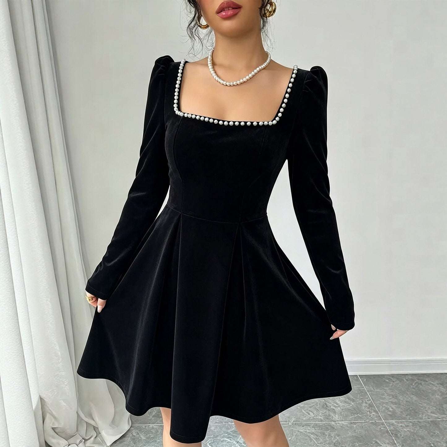 Women Clothing French Vintage Velvet Square Collar Dress Women Pearl Trim Waist Slimming A line Dress