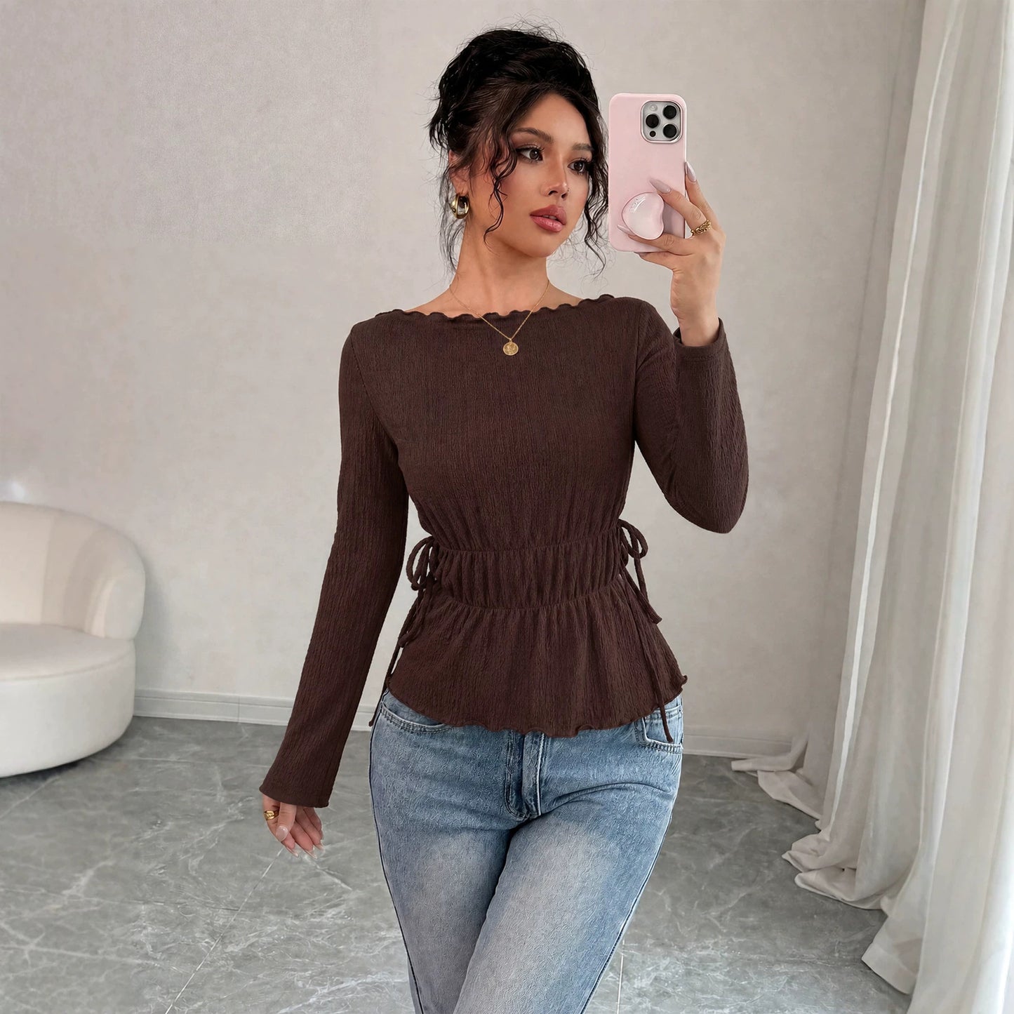 Autumn Winter Elegant Texture off Shoulder Top Women Waist Tight Slimming Flounce Long Sleeve T shirt