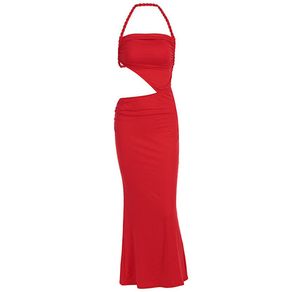 Women Clothing Summer Sexy Braid Rope Halter Cut out Slim Sleeveless Dress - Wanita Store