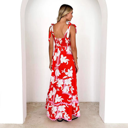 Vestido halter acampanado con tirantes y estampado floral de ondas para mujer