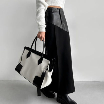 Women Clothing Retro Faux Leather Stitching Design Half Length Skirt Women Wild High Waist Slit Hip Skirt - Wanita Store