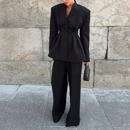 Women Clothing Fall Black High Grade Long Sleeved V neck Pleated Waist Tight Blazer Trousers Two Piece Set - Wanita Store